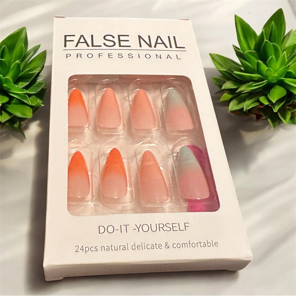 Blue, Orange and Tan Press-On Nails for Effortless Style